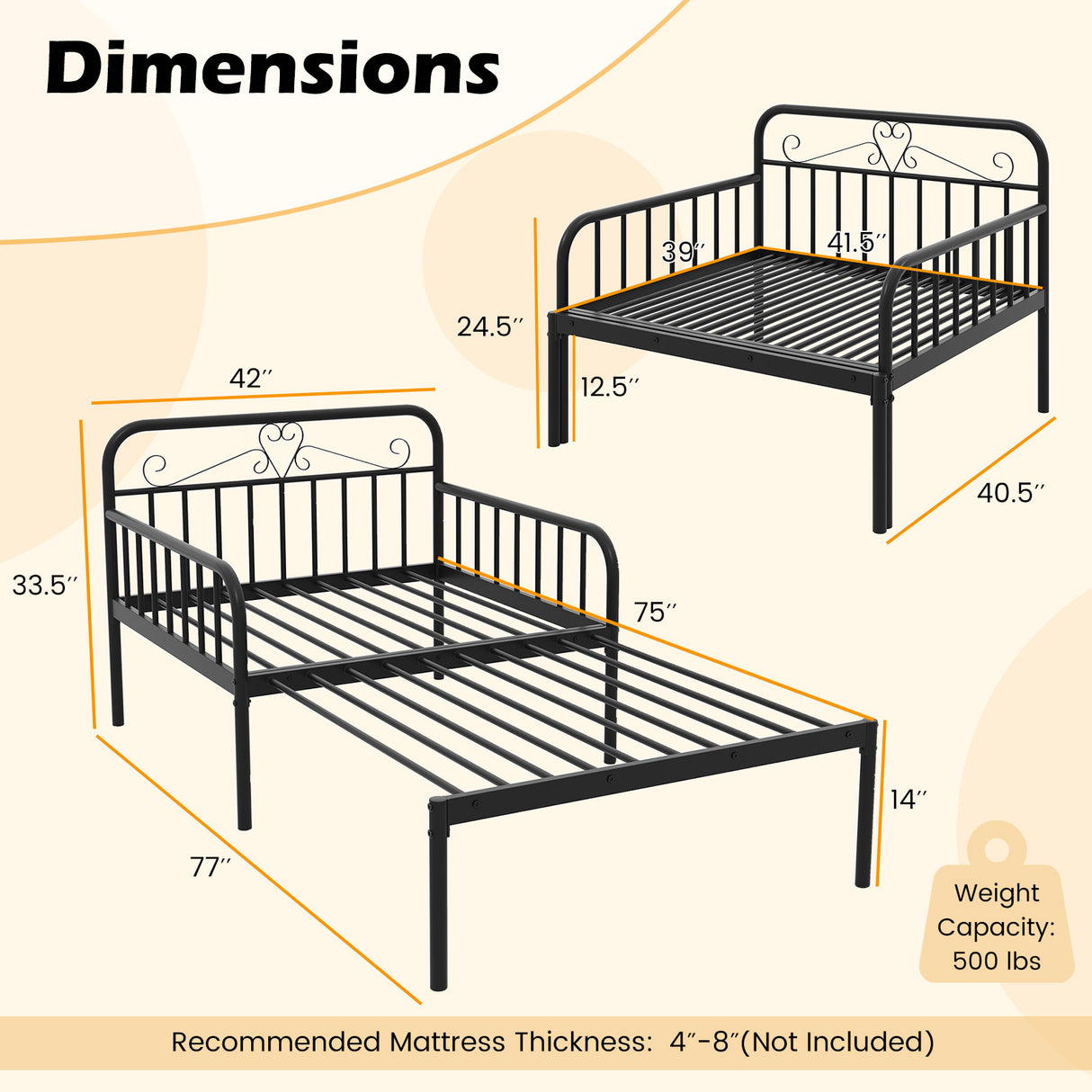Extendable Metal Daybed to Twin Size Bed with Guardrails and Armrests