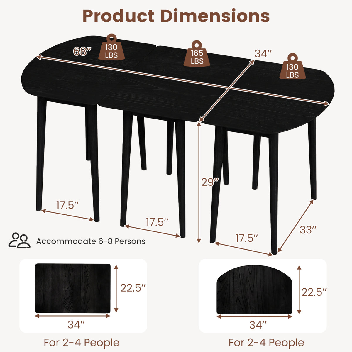Extendable Dining Table Set with 2 Half-Round and 1 Rectangular Tables