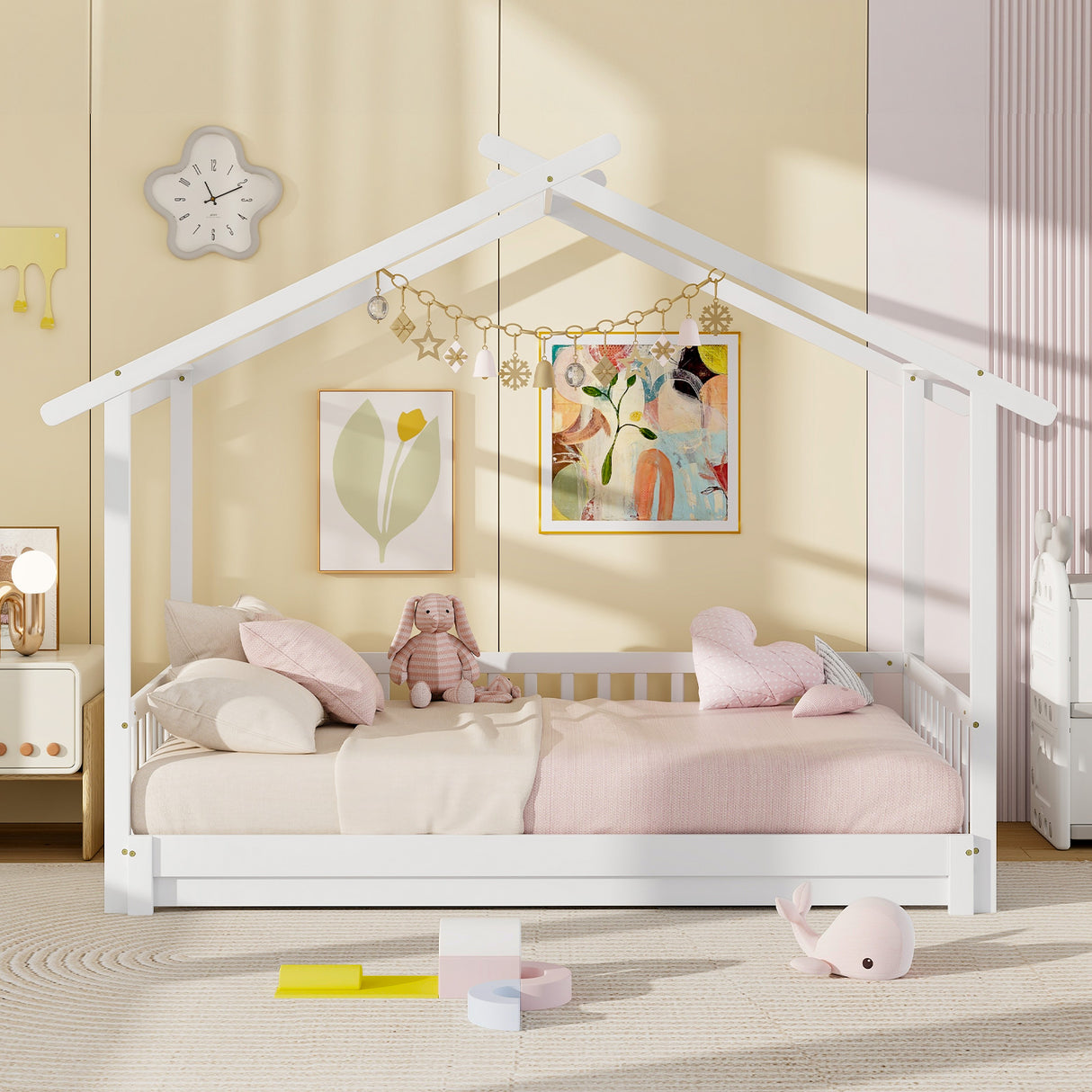 Extendable House Bed Twin to King Daybed with Roof and Fence Rails