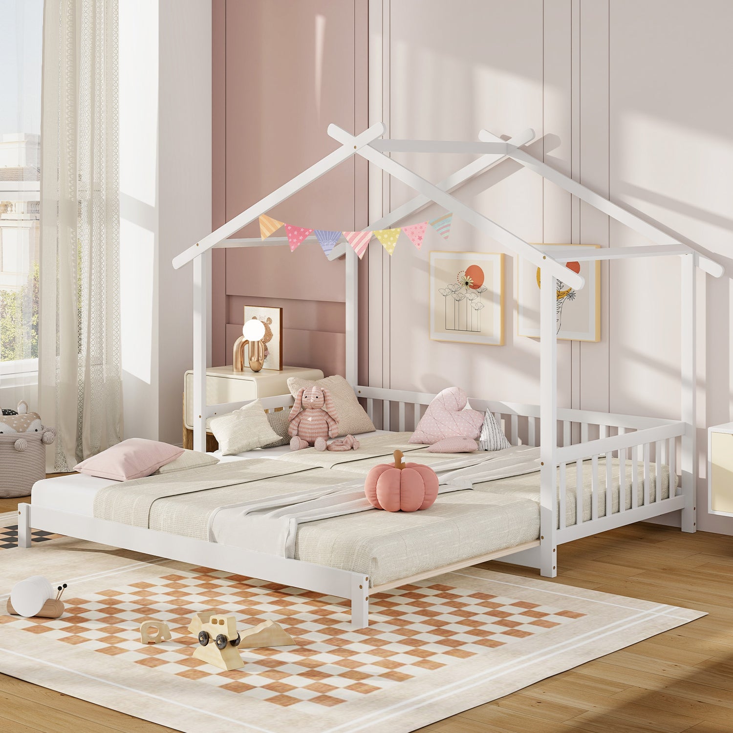 Extendable House Bed Twin to King Daybed with Roof and Fence Rails
