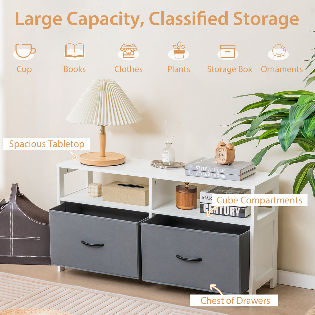Fabric Chest of Drawers with 2 Drawers and 2 Open Shelves-White