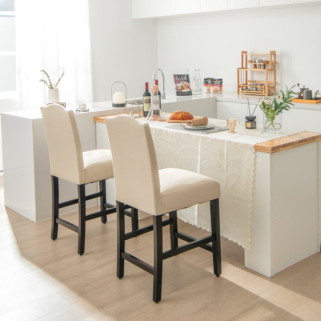 2 Pcs Fabric Nail Head Counter Height Dining Side Chairs Set-Beige