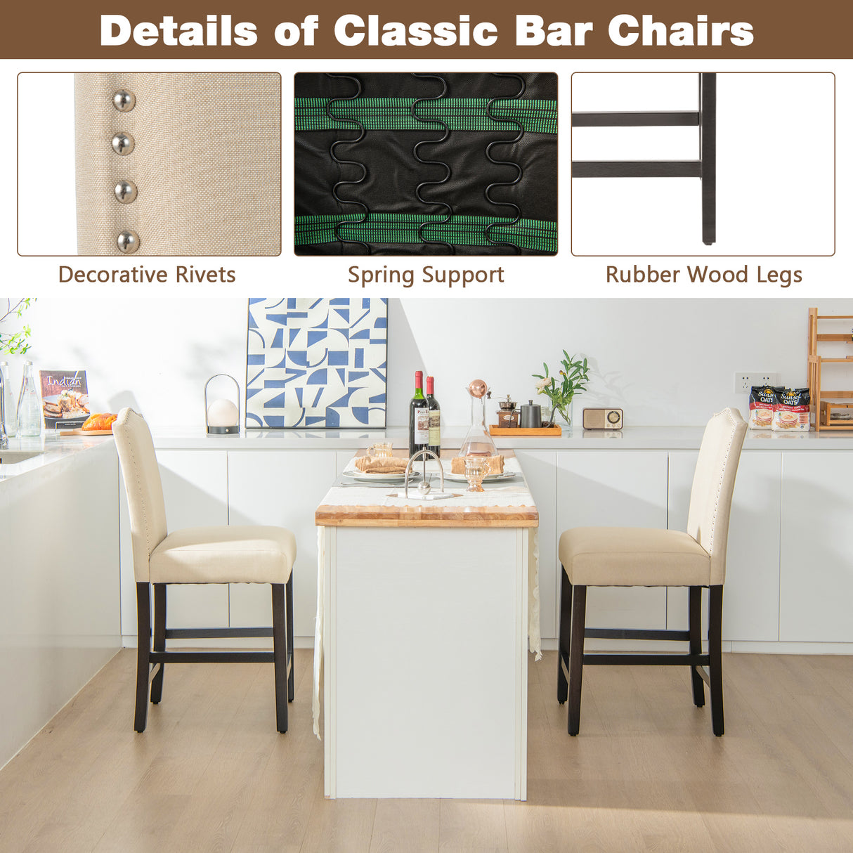 2 Pcs Fabric Nail Head Counter Height Dining Side Chairs Set-Beige