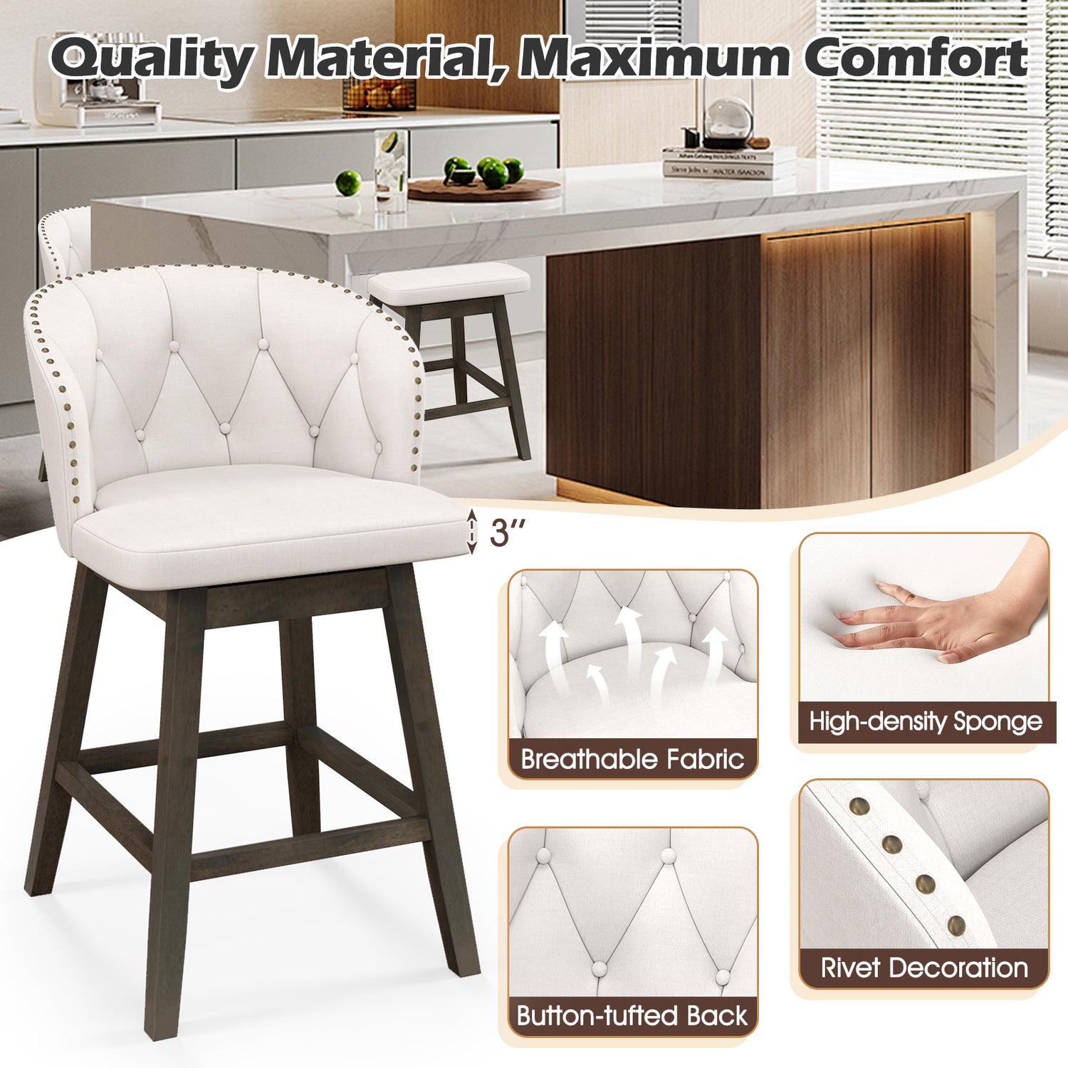 Counter Height Fabric Upholstered Bar Stools Set of 2