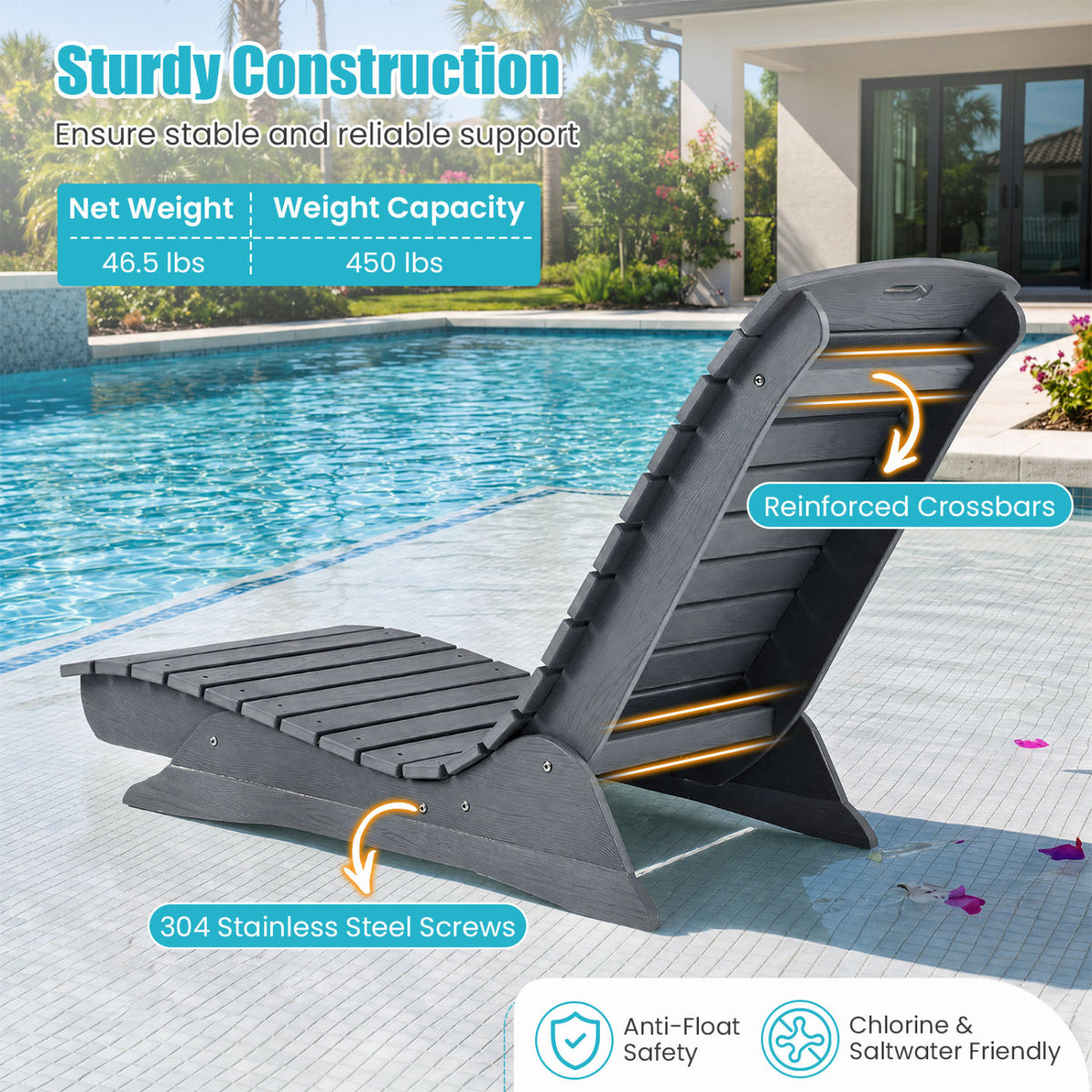 Fade-Resistant Outdoor Lounger with Contoured Shape for Deck Poolside
