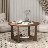 Farmhouse Accent Round Coffee Table with 2-Tone Tabletop and Open Storage Shelf for Living Room-Brown