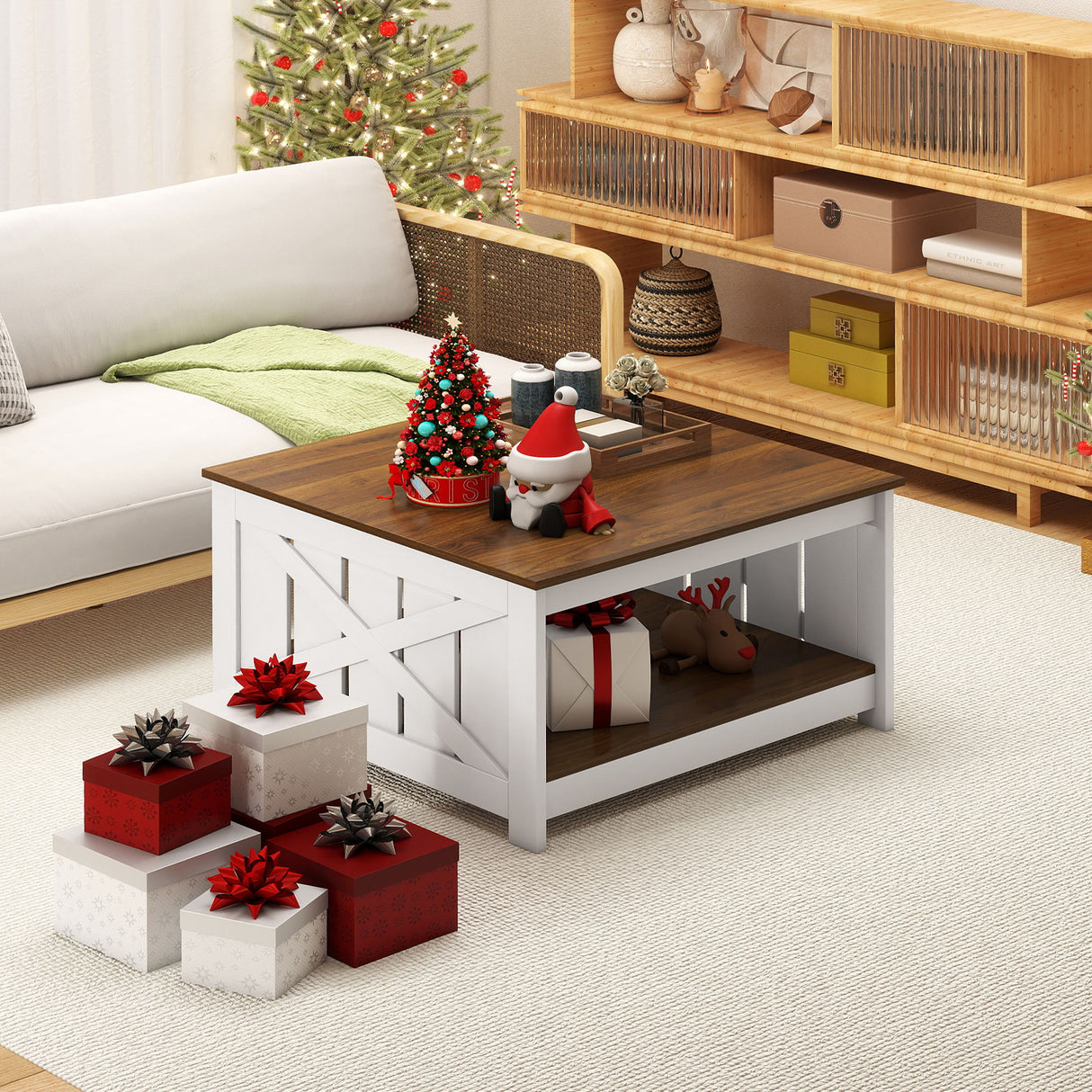 Farmhouse Coffee Table 31 Inch Square Coffee Table with Storage Shelf-White