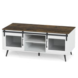 Farmhouse Coffee Table with Sliding Doors Rectangular with Adjustable Shelf-Rustic Brown