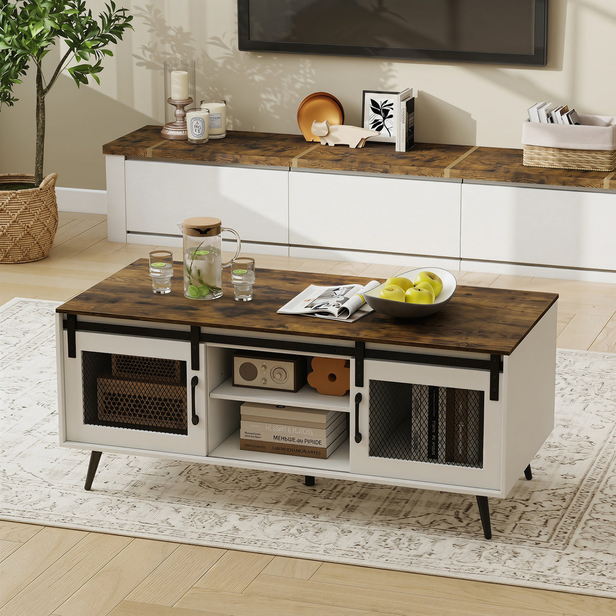 Farmhouse Coffee Table with Sliding Doors Rectangular with Adjustable Shelf-Rustic Brown