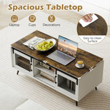 Farmhouse Coffee Table with Sliding Doors Rectangular with Adjustable Shelf-Rustic Brown