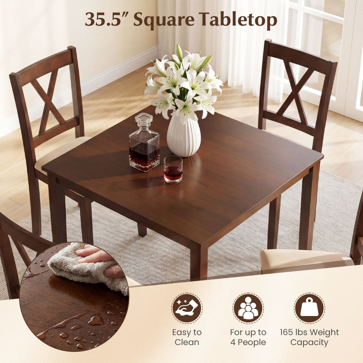 Farmhouse Dining Table for 4 People 35 Inches Square Kitchen Table-Walnut