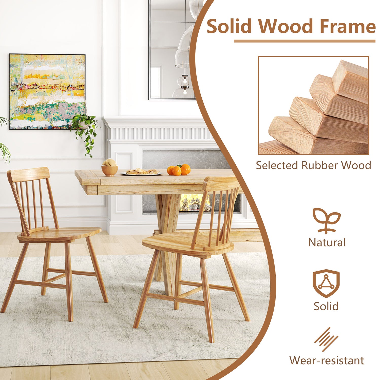 Farmhouse Kitchen Chair Set of 2 with Rubber Wood Frame