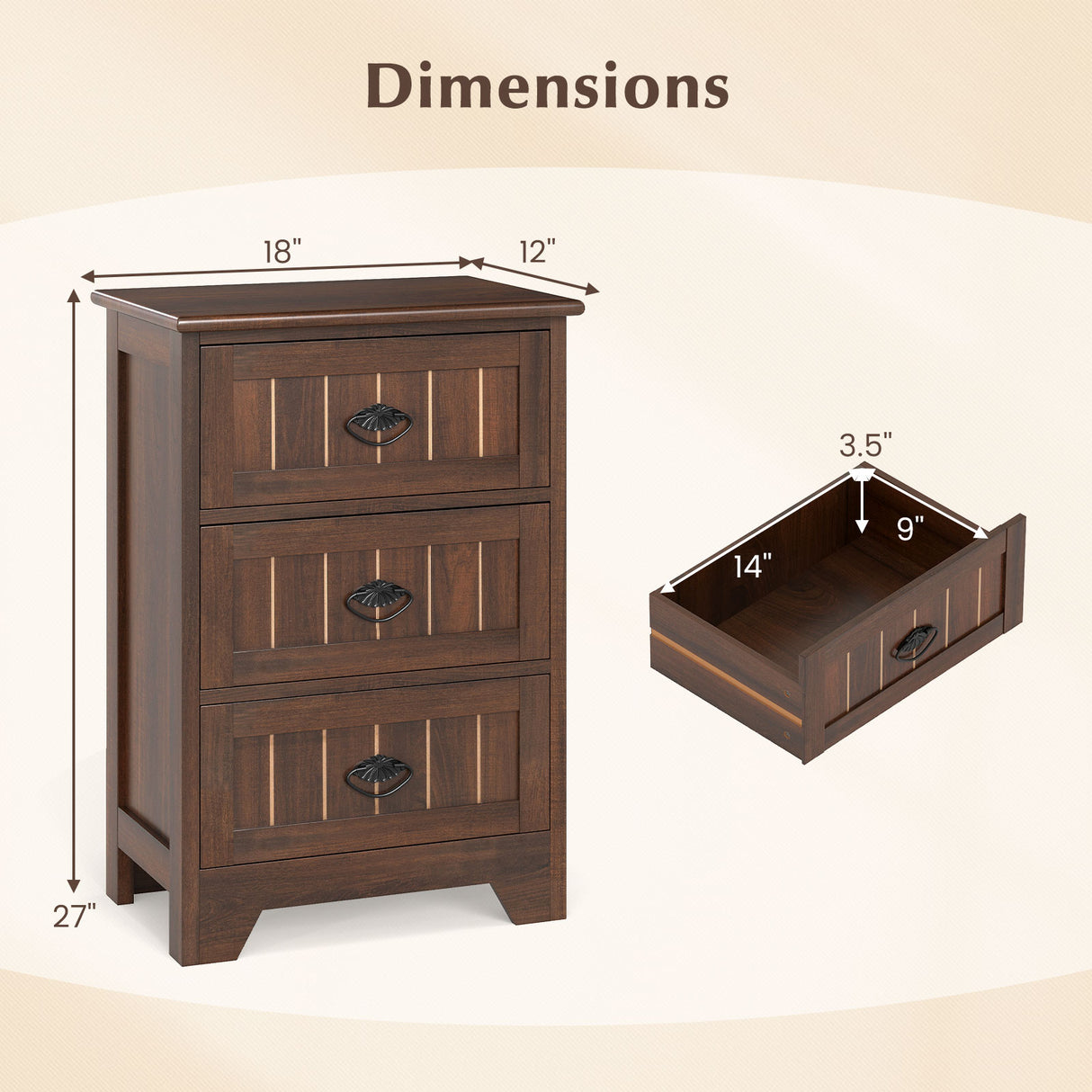 3 Drawers End Storage Wood Side Nightstand