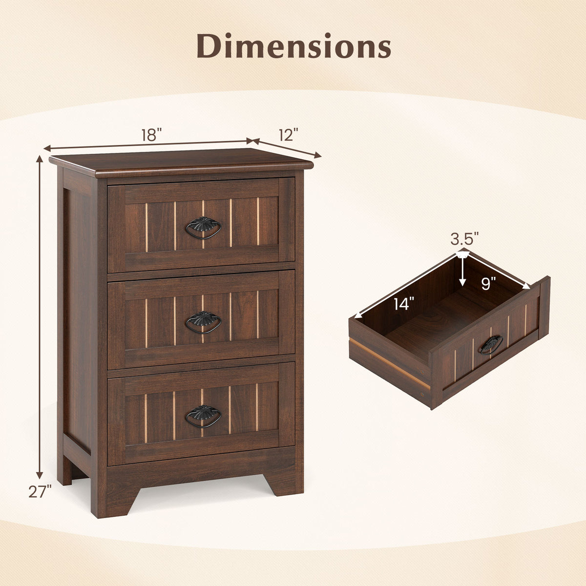 Farmhouse Nightstand with 3 Storage Drawers and Handles