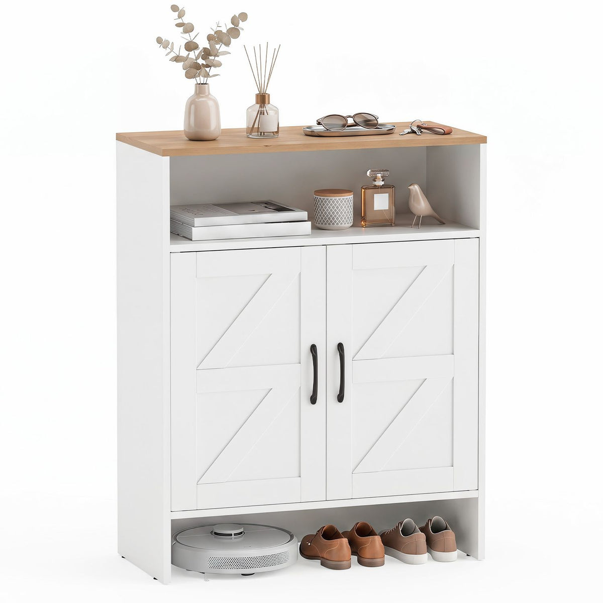 Farmhouse Shoe Cabinet with 2 Barn Doors and Open Shelf for Entryway-White