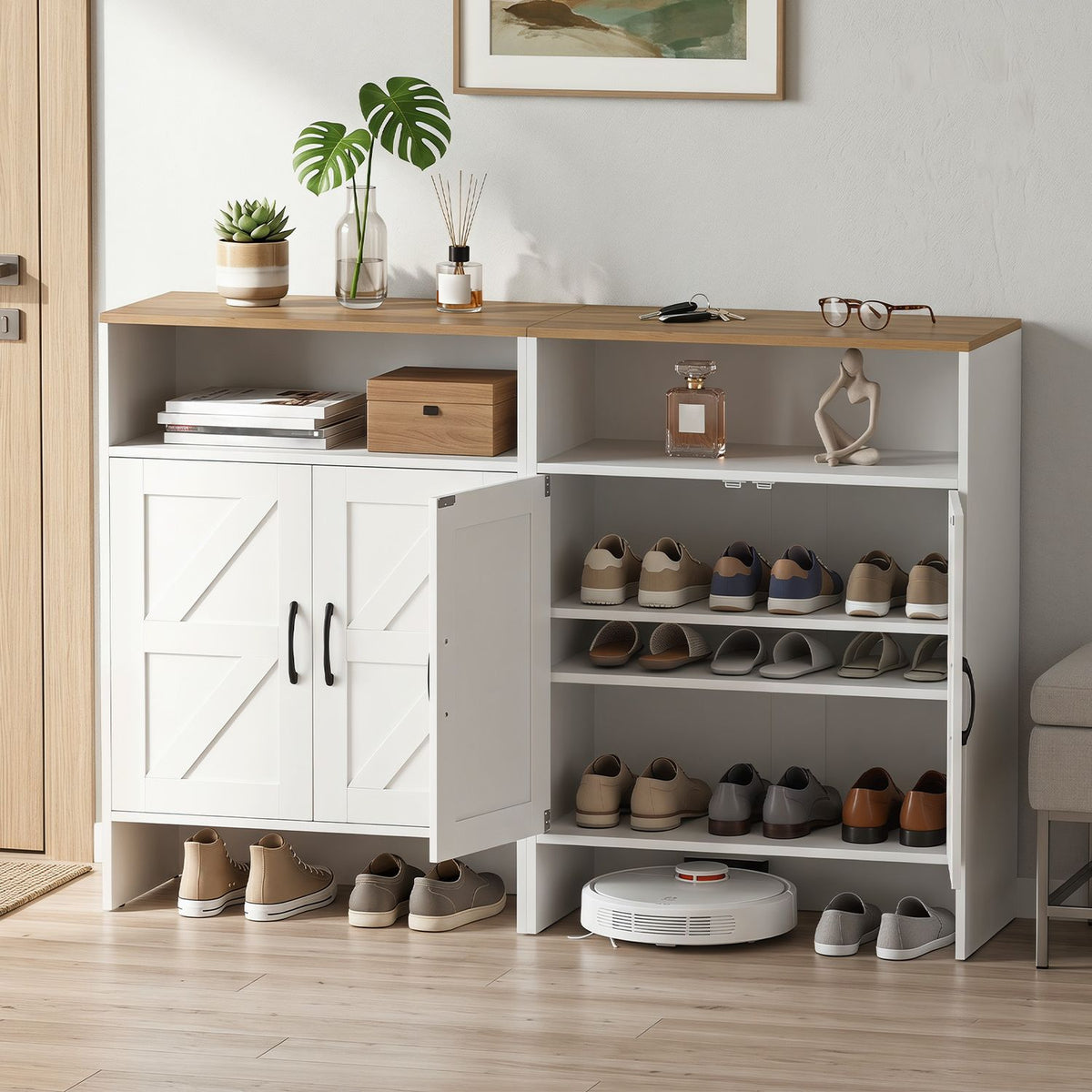 Farmhouse Shoe Cabinet with 2 Barn Doors and Open Shelf for Entryway-White