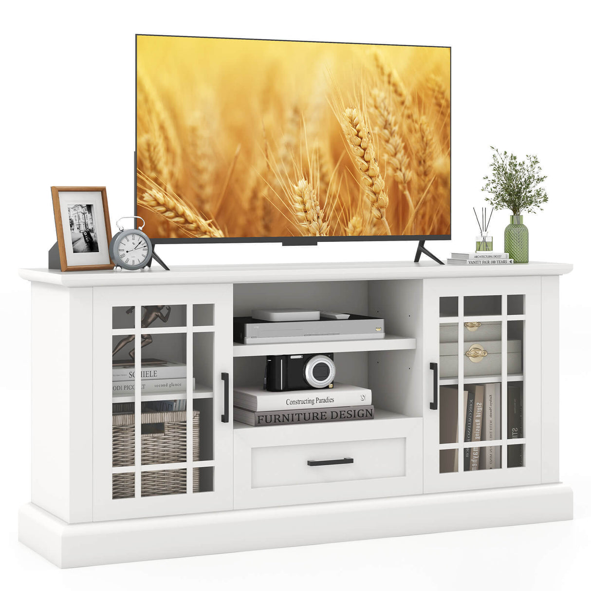 TV Stand for TVs up to 70  with Glass Doors Cubbies and Drawer