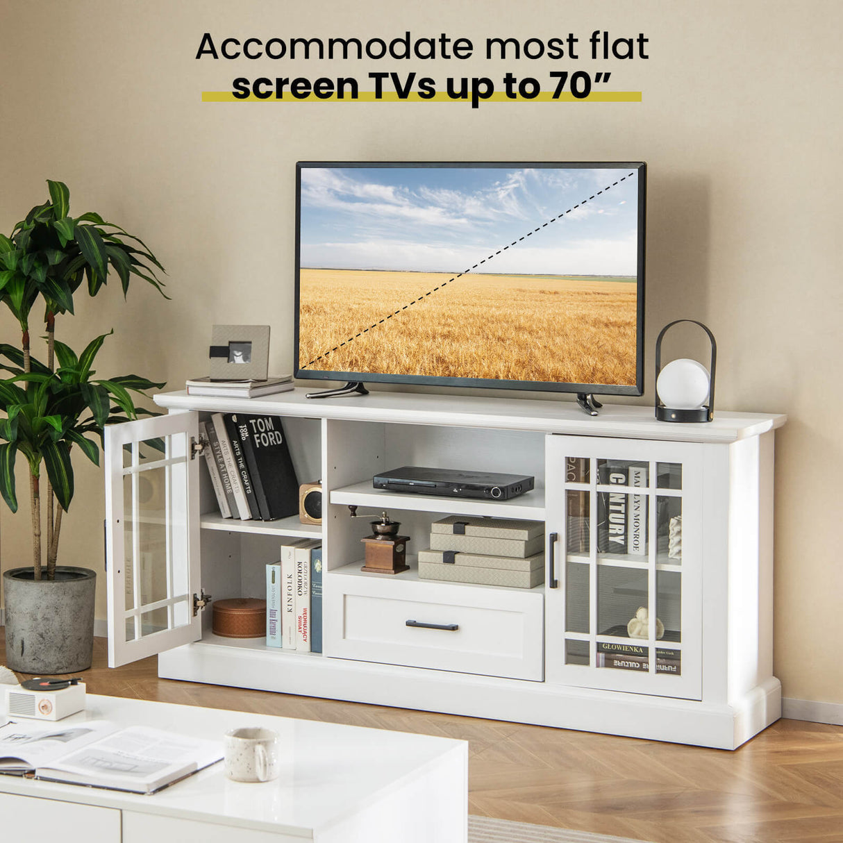 TV Stand for TVs up to 70  with Glass Doors Cubbies and Drawer
