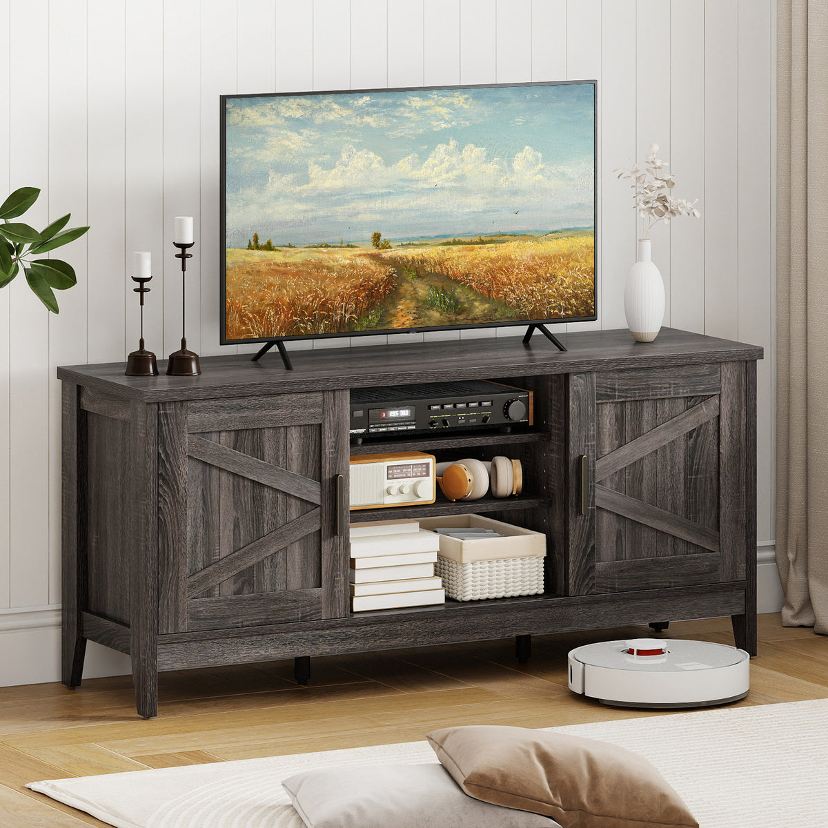 Farmhouse TV Stand for TVs up to 65 Inch Entertainment Center with 2 Storage Cabinets-Gray
