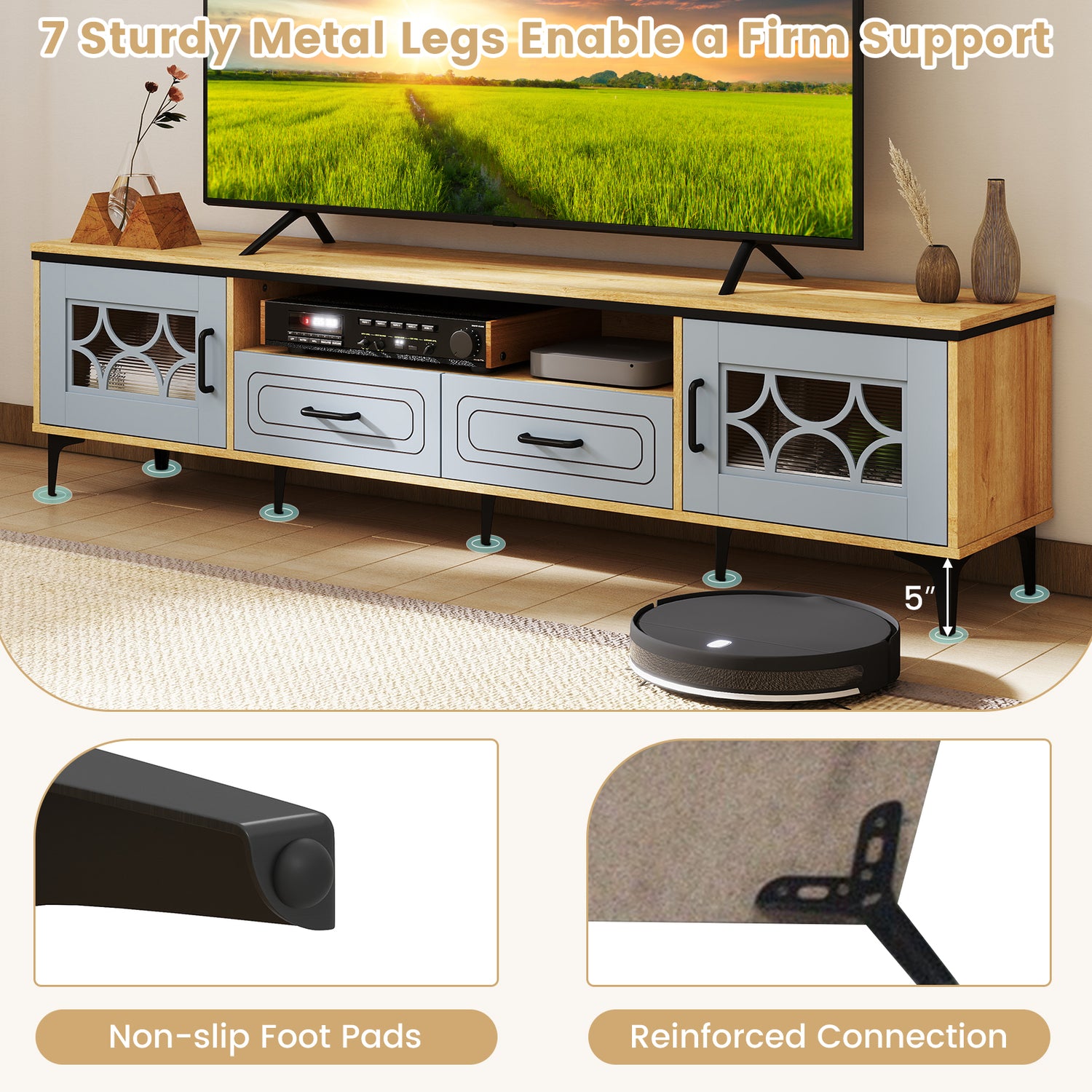 Farmhouse TV Stand for TVs up to 80 Inch with 2 Drawers
