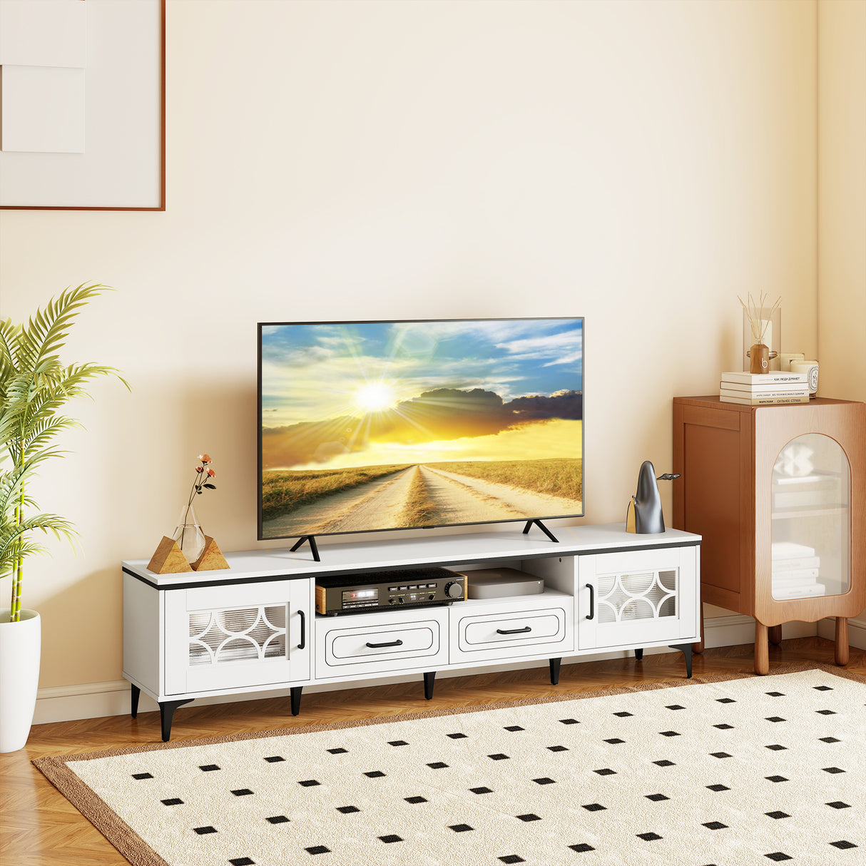 Farmhouse TV Stand for TVs up to 80 Inch with 2 Drawers