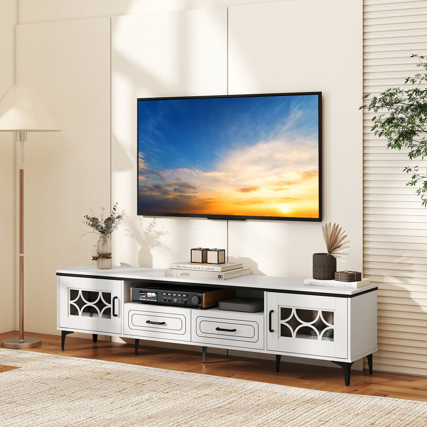 Farmhouse TV Stand for TVs up to 80 Inch with 2 Drawers