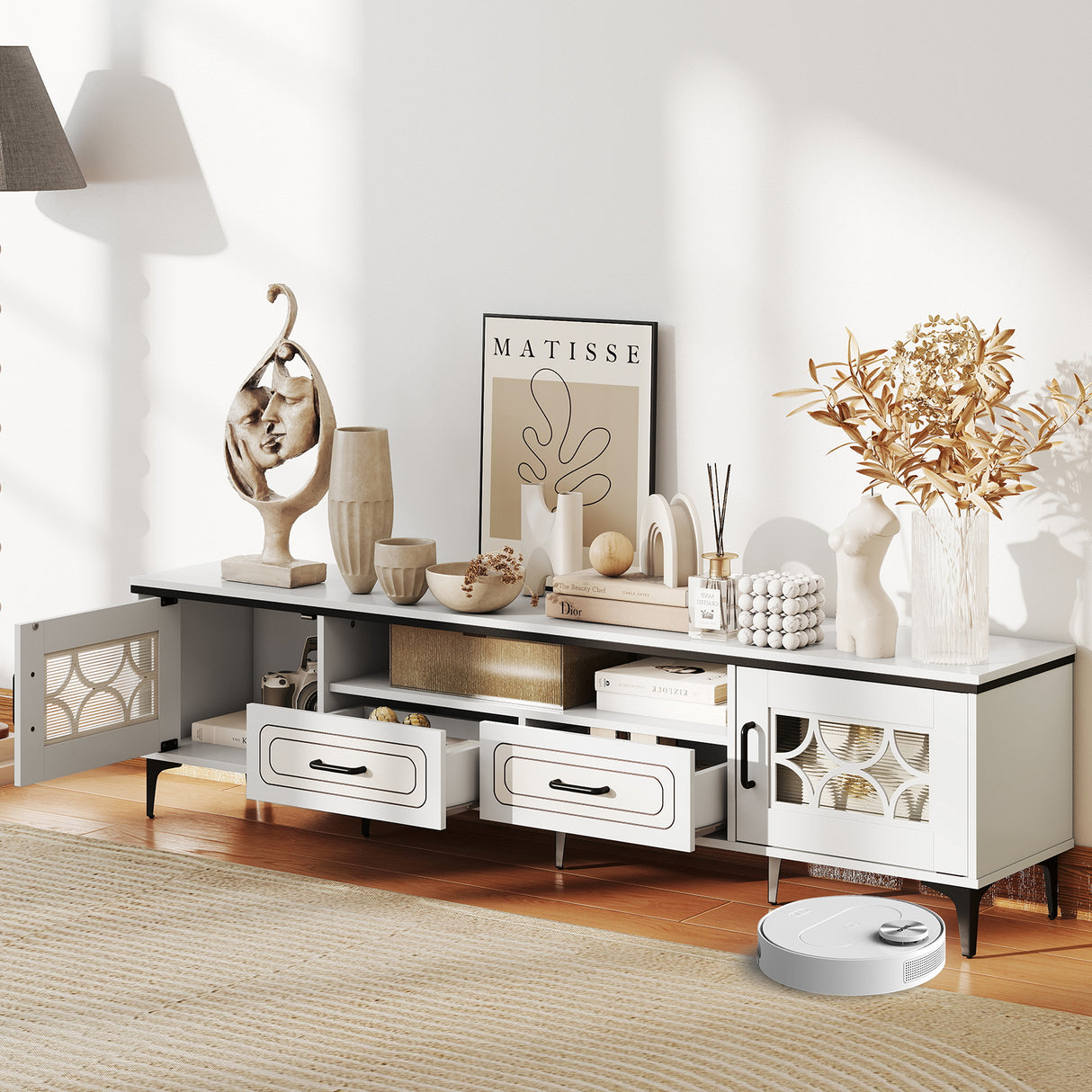 Farmhouse TV Stand for TVs up to 80 Inch with 2 Drawers