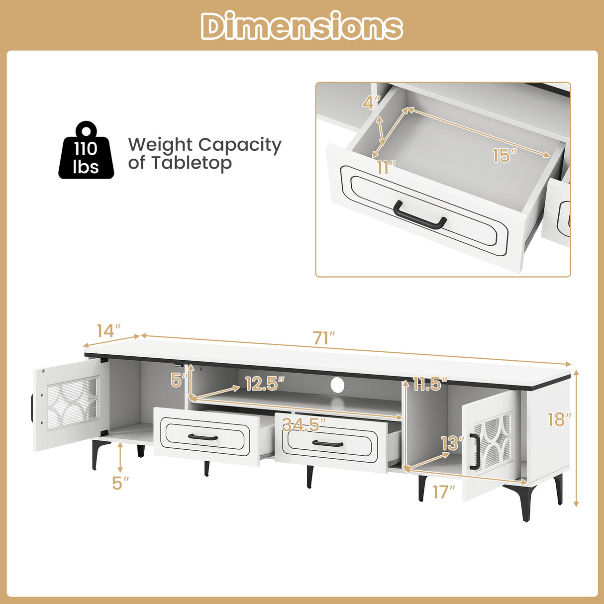 Farmhouse TV Stand for TVs up to 80 Inch with 2 Drawers