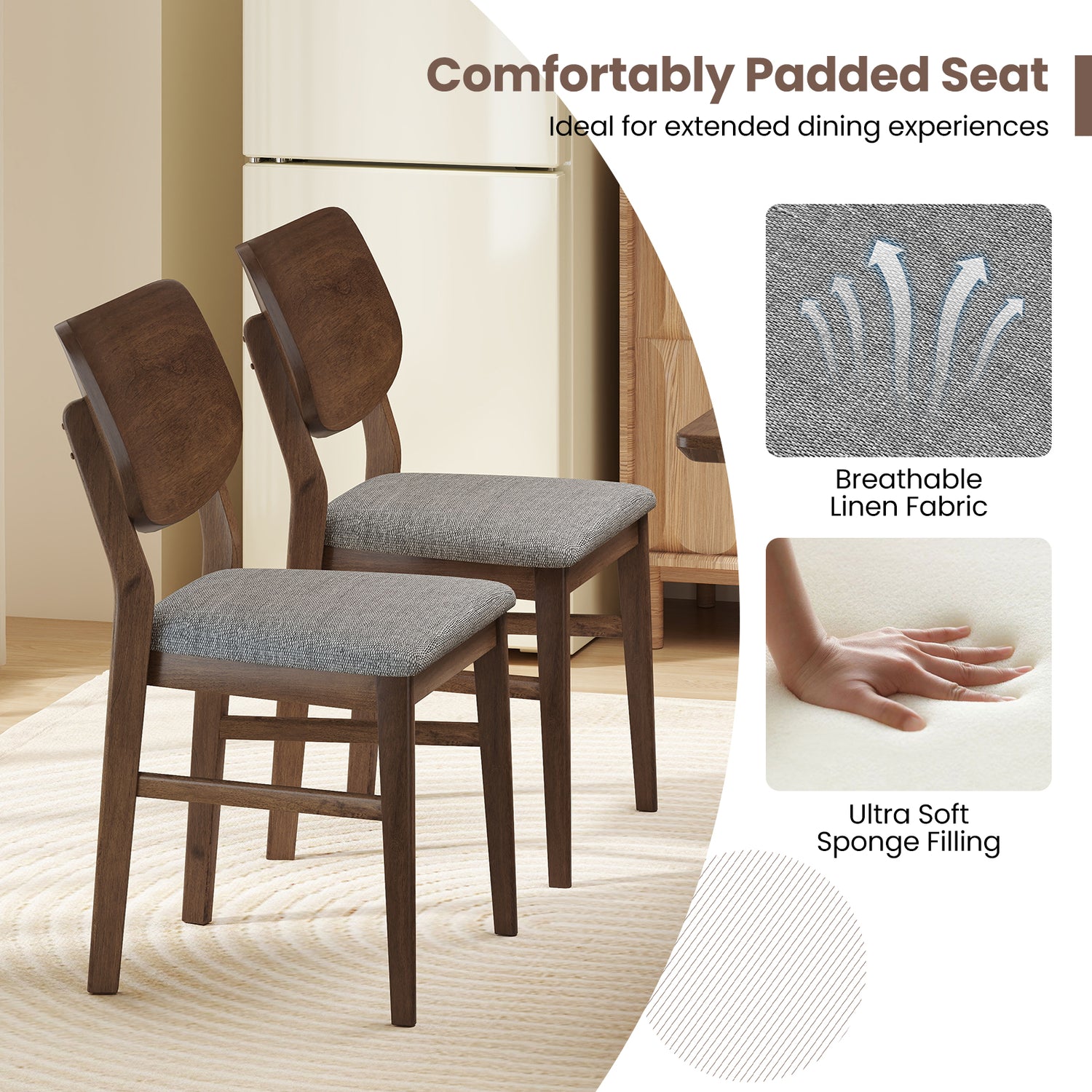 Farmhouse Upholstered Kitchen Chairs Set of 2 with Rubber Wood Frame