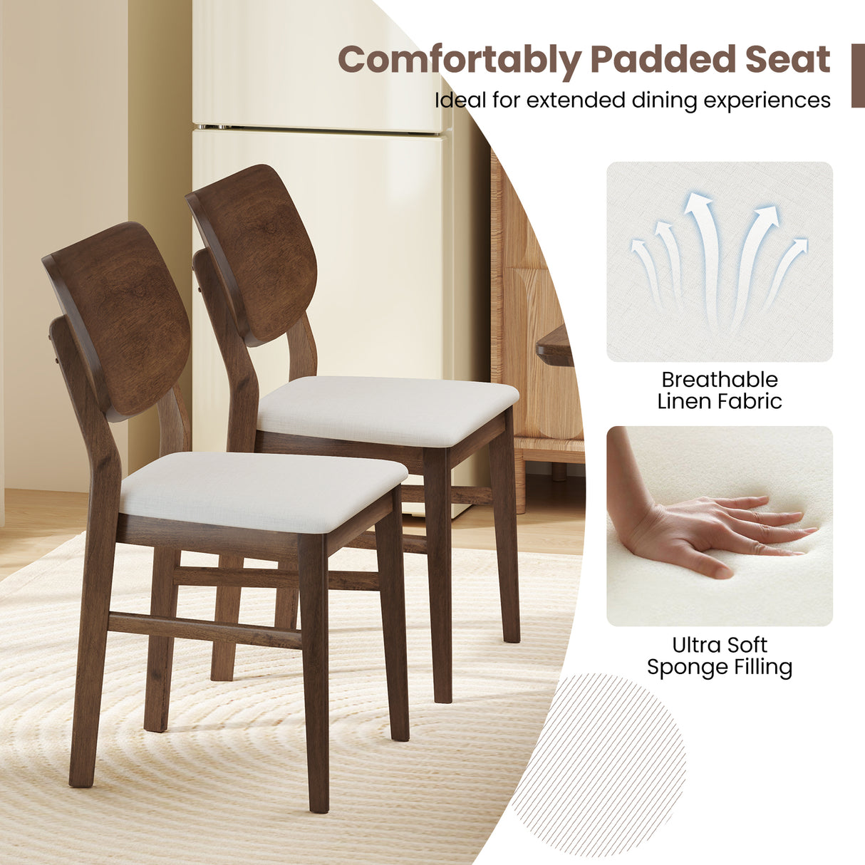 Farmhouse Upholstered Kitchen Chairs Set of 2 with Rubber Wood Frame
