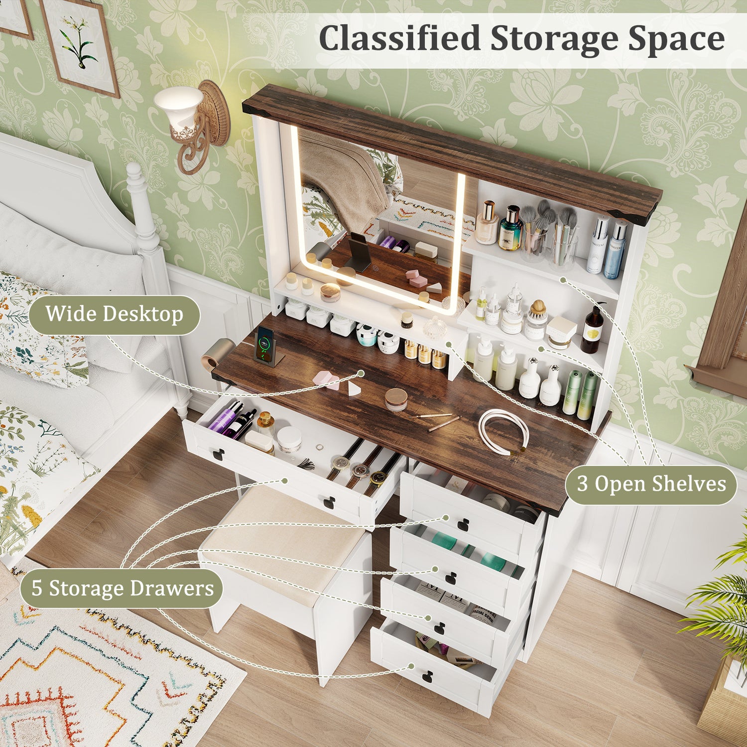 Farmhouse Vanity Set with Mirror and 3-Color Lighting-White