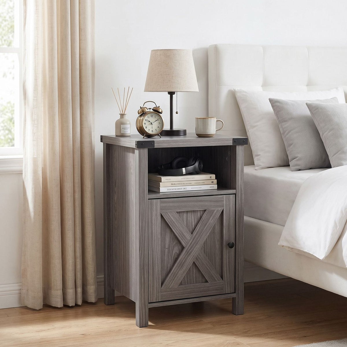 Farmhouse Wooden Nightstand with Barn Door and Storage Cabinet-2Pack/Cabinet-1pack