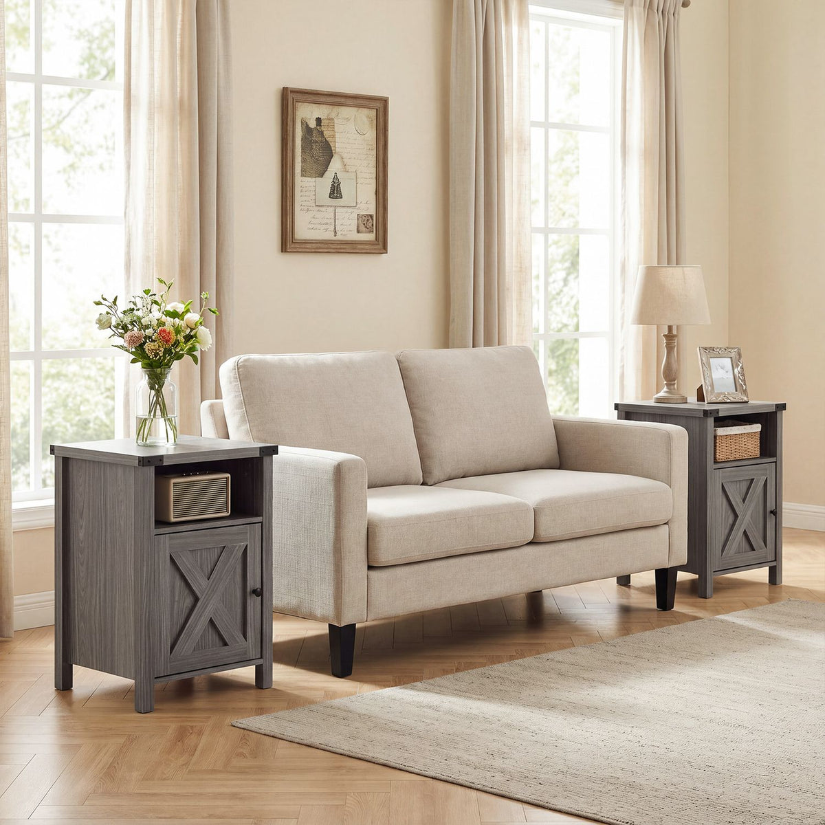 Farmhouse Wooden Nightstand with Barn Door and Storage Cabinet-2Pack/Cabinet-1pack