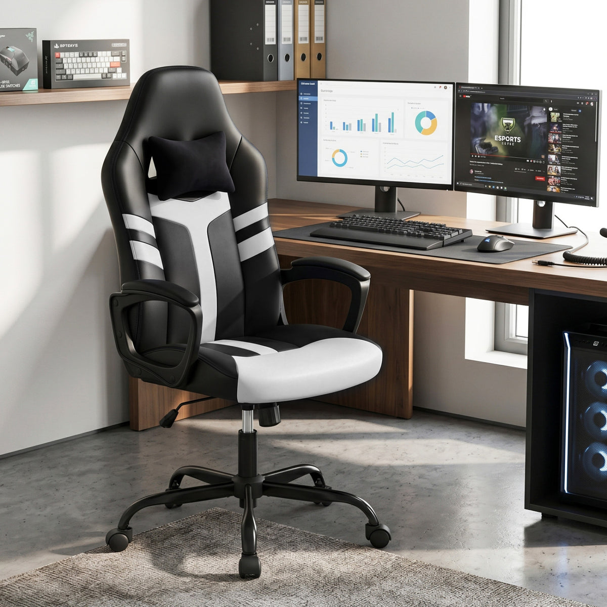 Faux Leather Upholstered Office Chair with Removable Head Pillow and Rocking Function