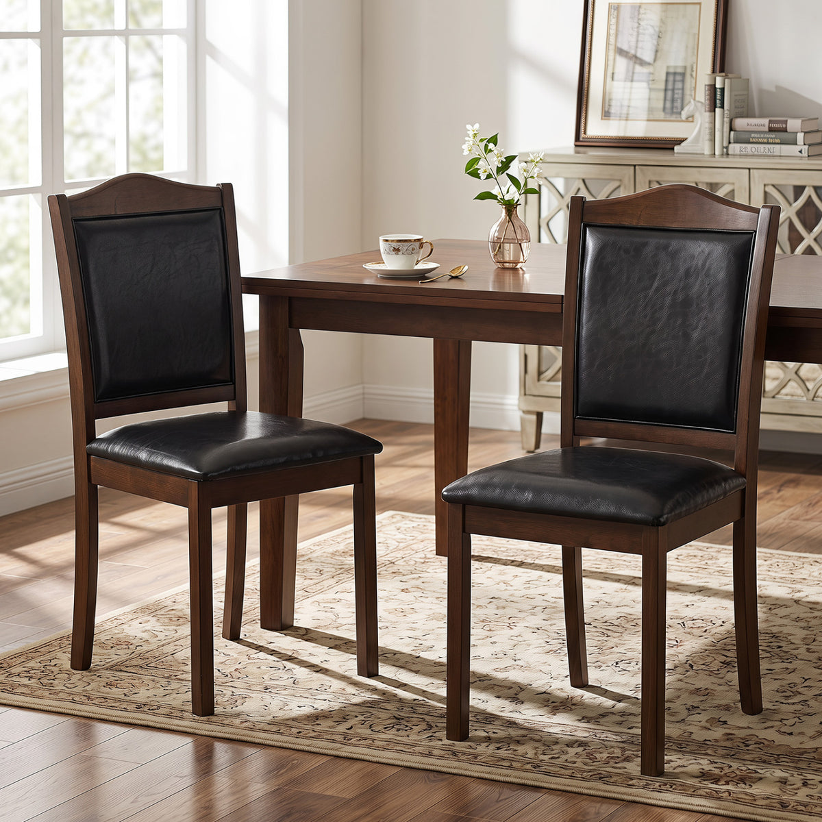 Faux Leather Upholstered Wooden Farmhouse Dining Chairs Set of 2-Walnut