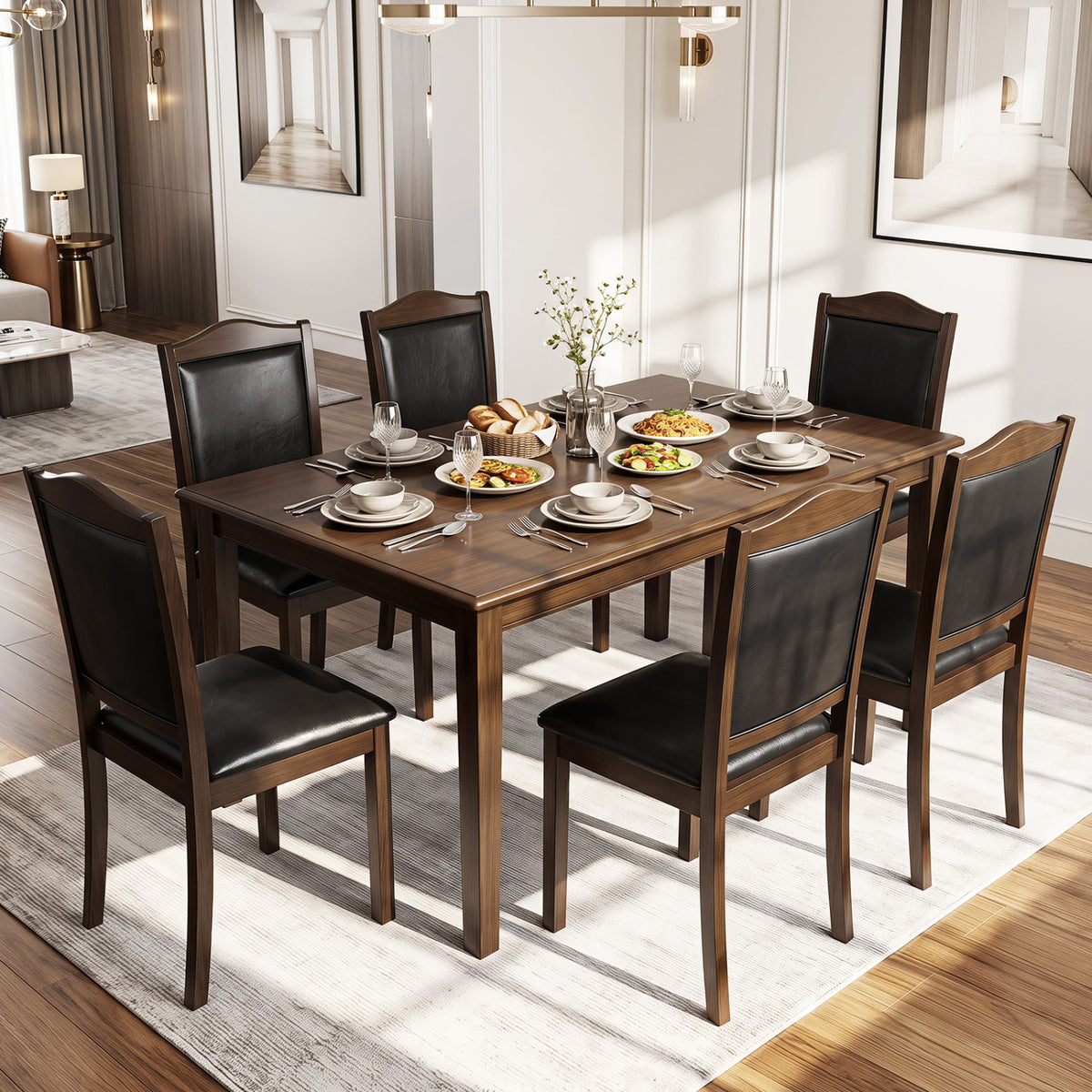 Faux Leather Upholstered Wooden Farmhouse Dining Chairs Set of 4-Walnut