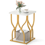 Faux Marble Bedside Night Stand with Petal-Inspired Metal Frame-White