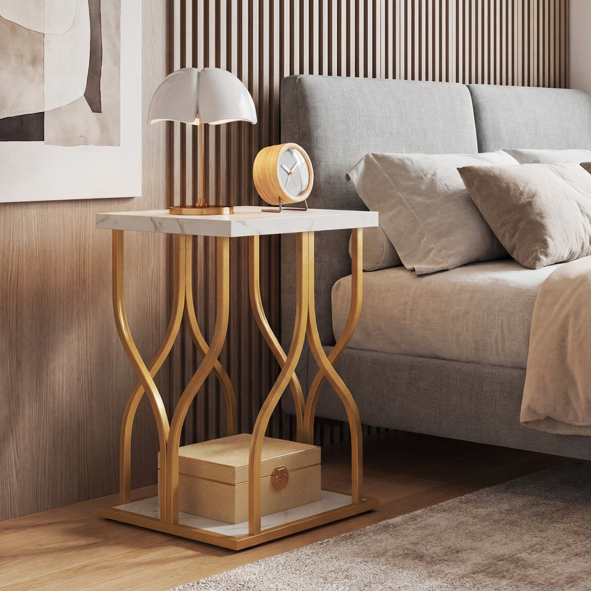 Faux Marble Bedside Night Stand with Petal-Inspired Metal Frame-White