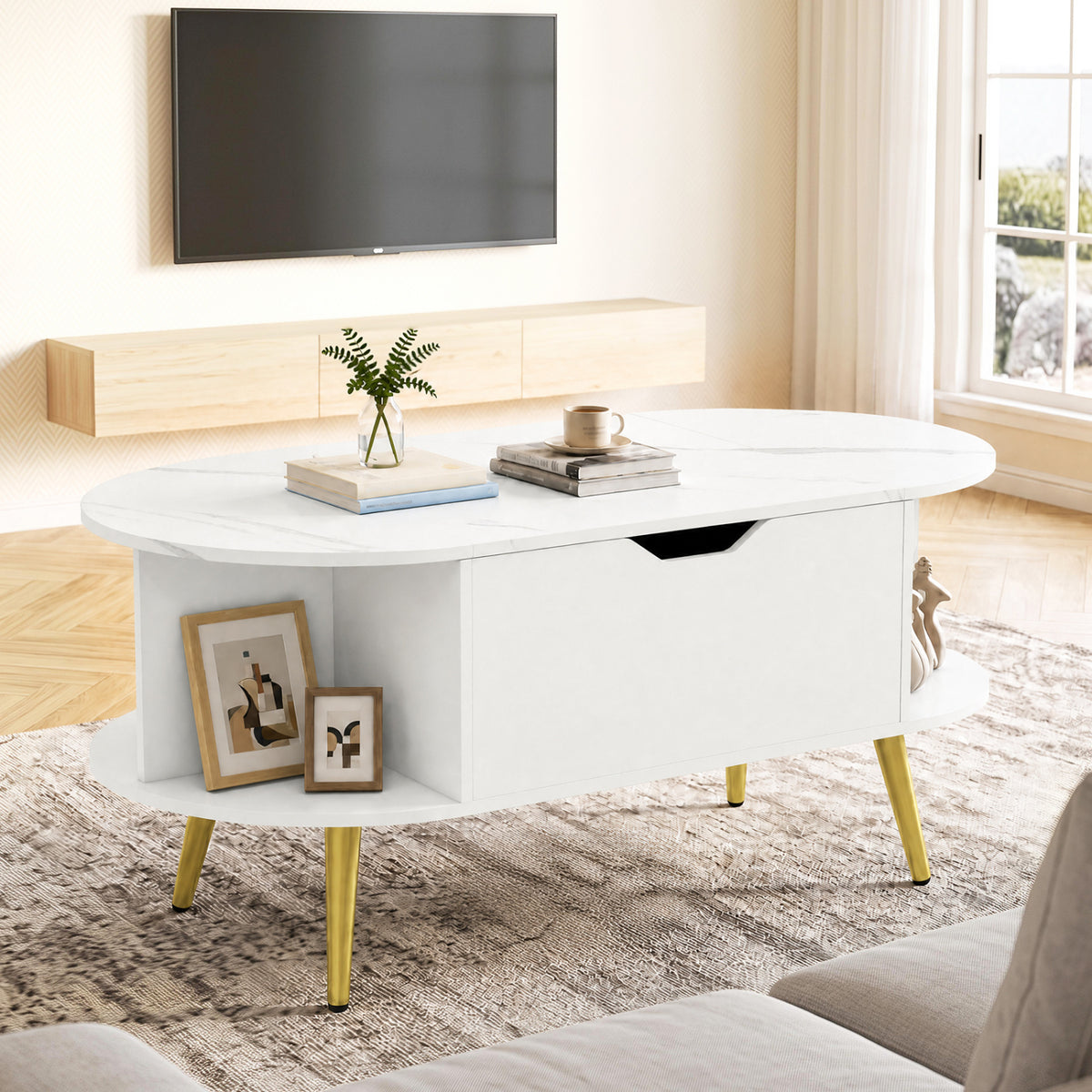 Faux Marble Lift Top Coffee Table with Hidden Compartment and Shelves