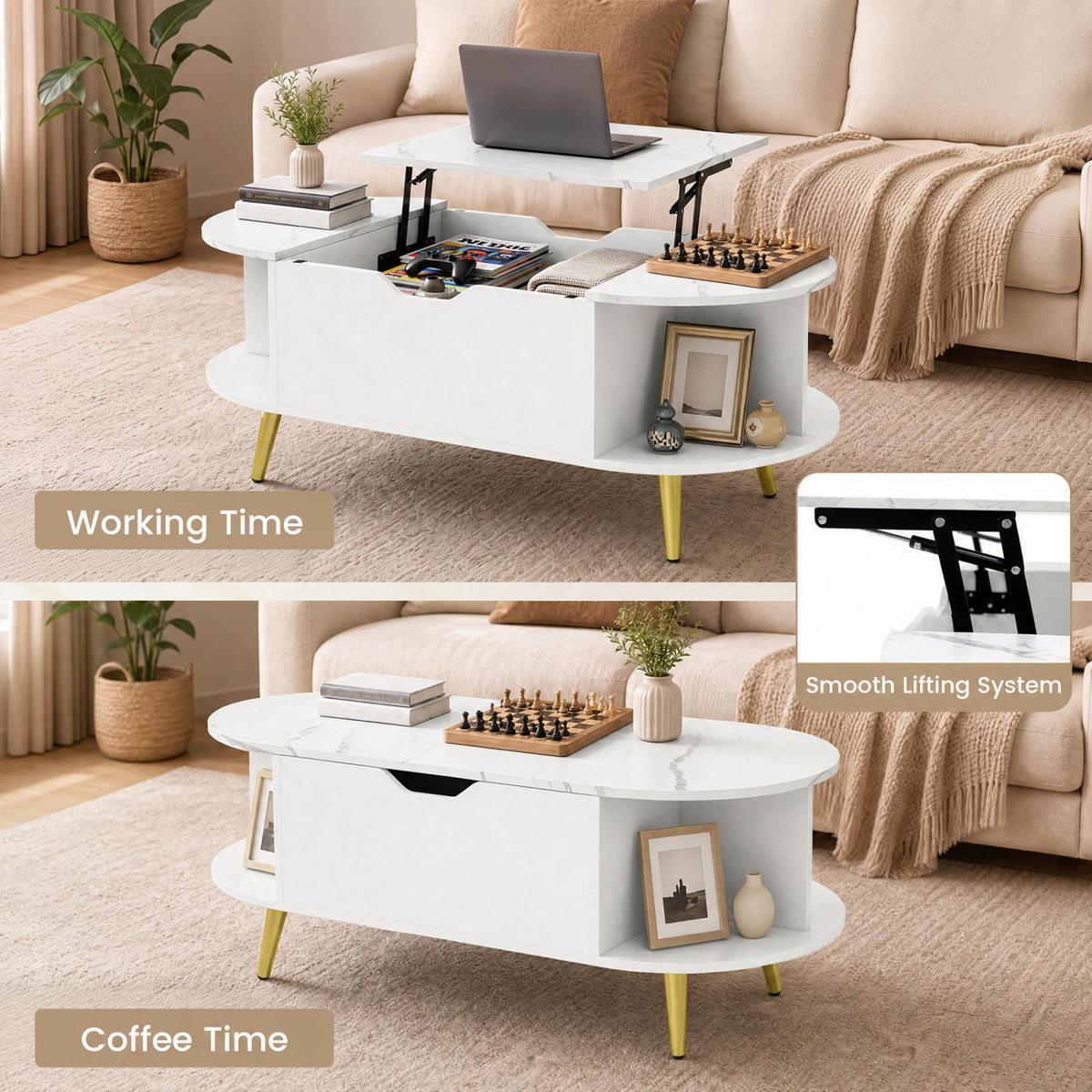 Faux Marble Lift Top Coffee Table with Hidden Compartment and Shelves