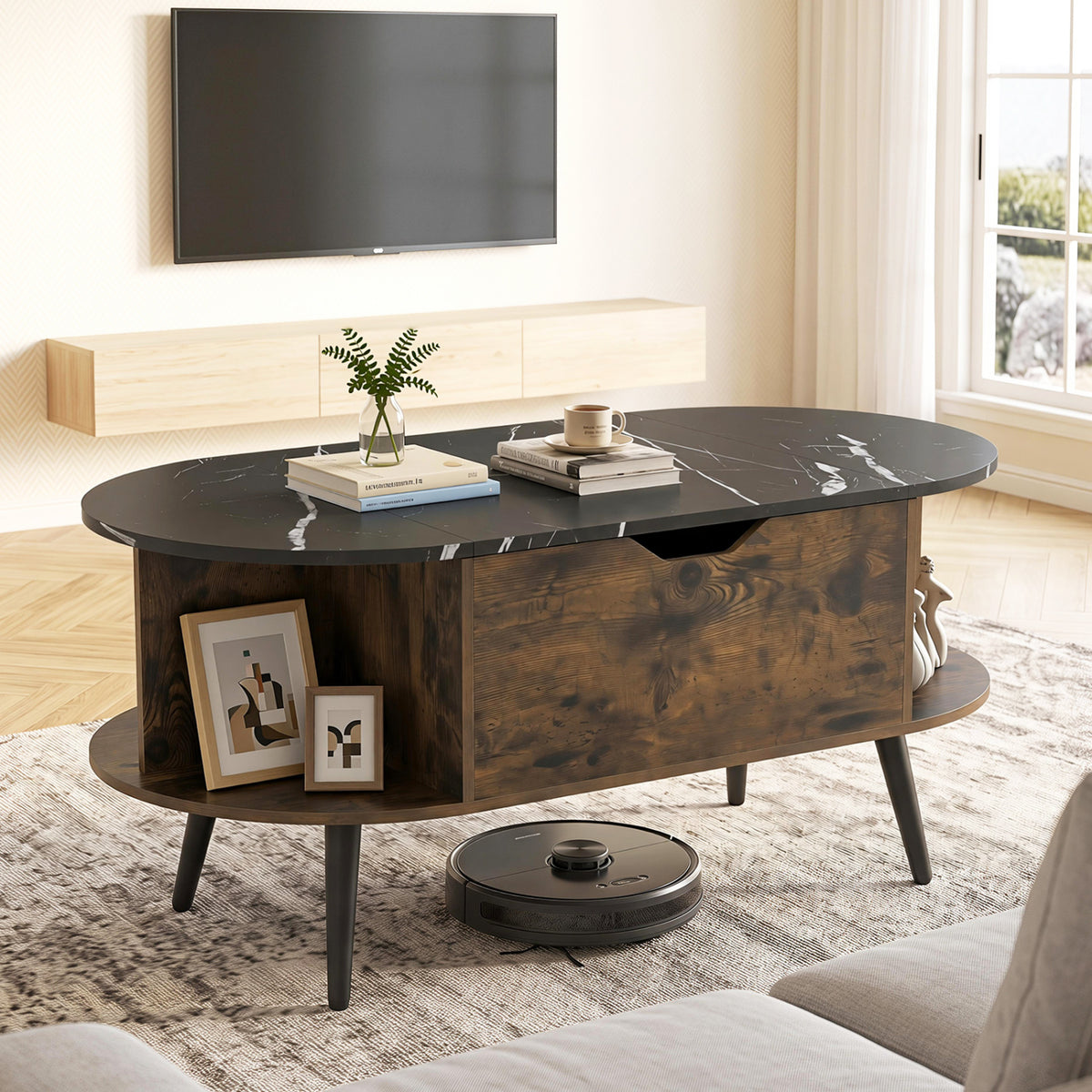 Faux Marble Lift Top Coffee Table with Hidden Compartment and Shelves