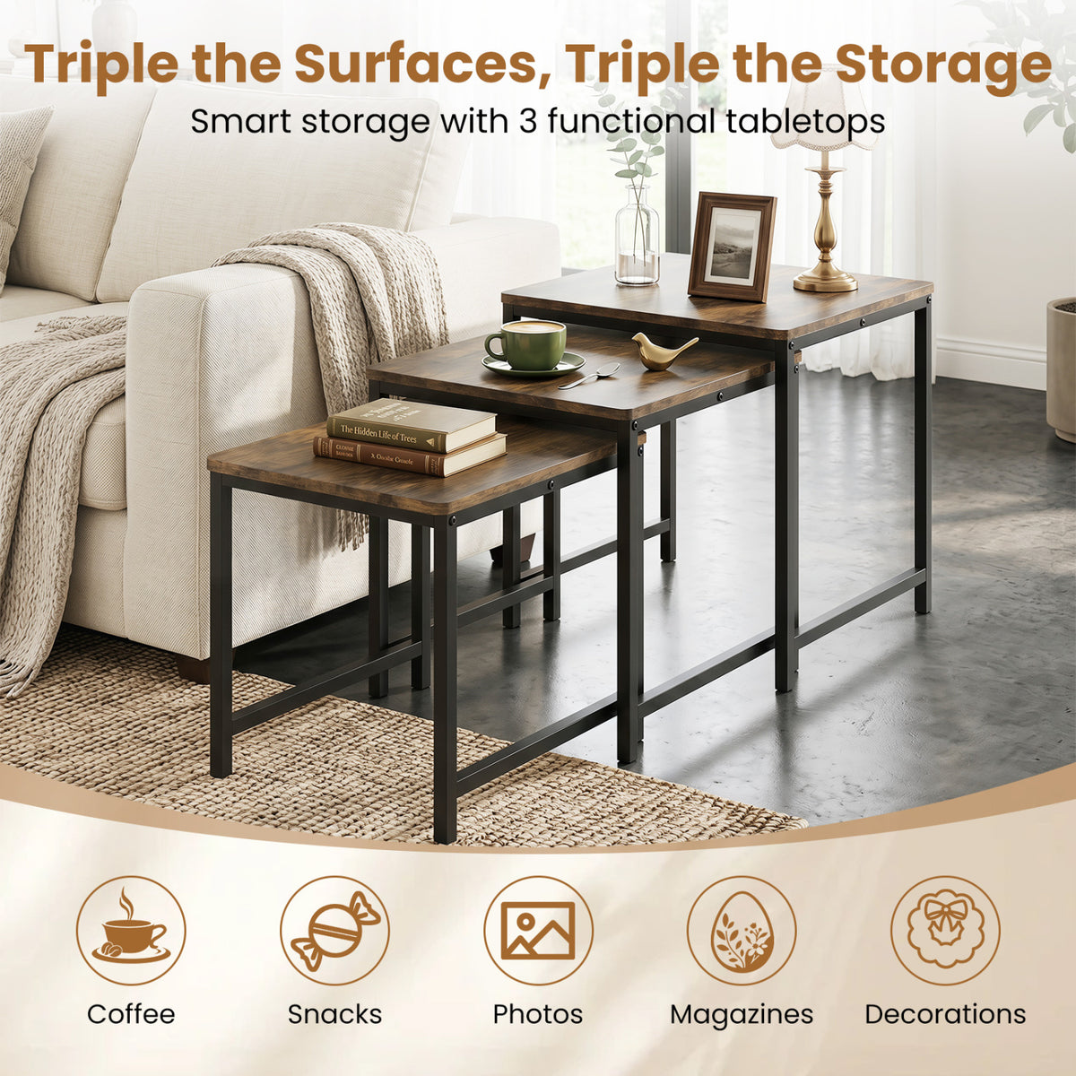 Faux Marble Nesting Table with Metal Frame Set of 3