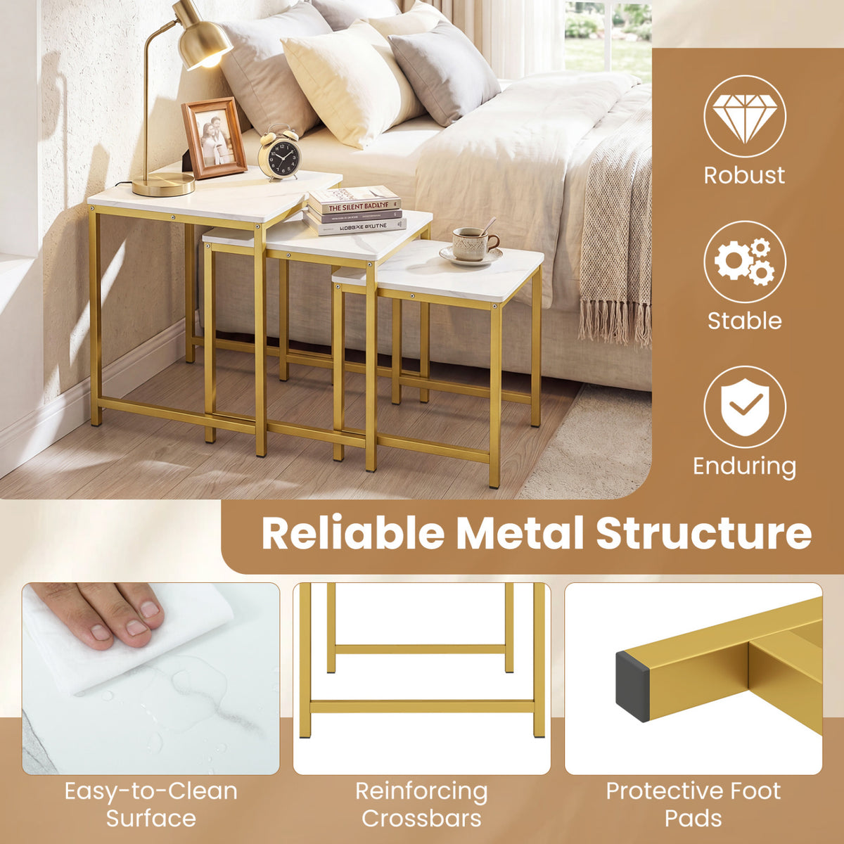 Faux Marble Nesting Table with Metal Frame Set of 3