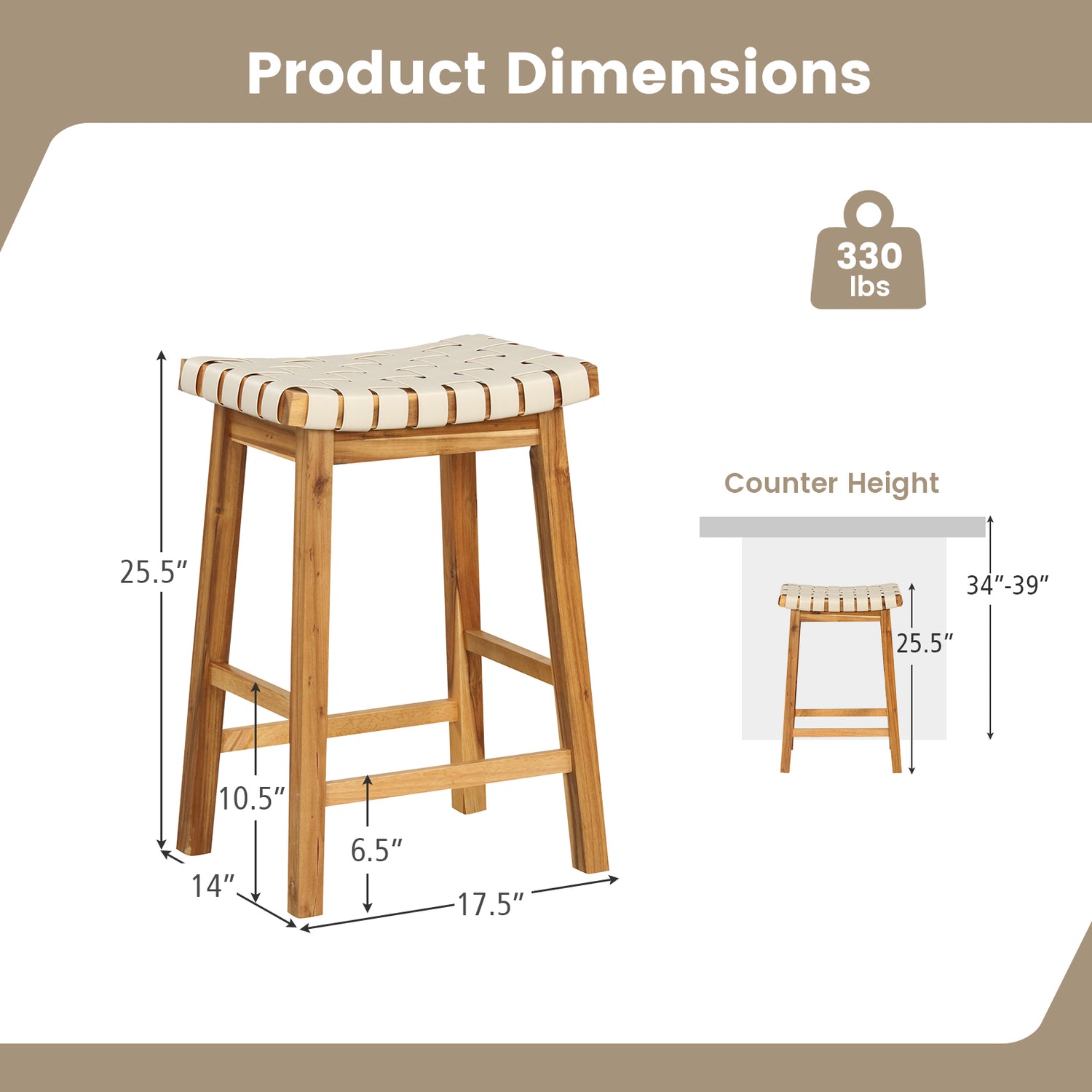 Faux PU Leather Bar Stools Set of 2 with Woven Curved Seat Natural