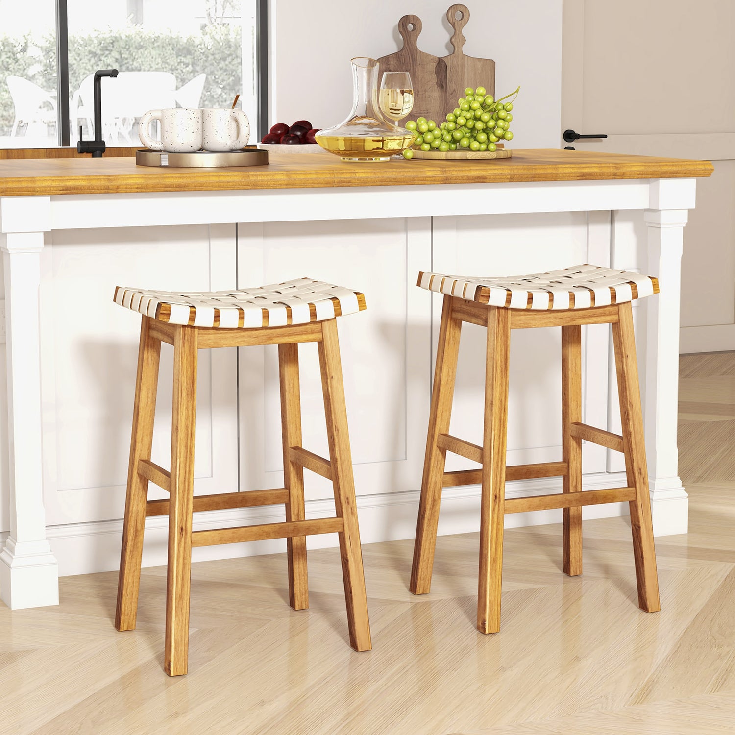 Faux PU Leather Bar Stools Set of 2 with Woven Curved Seat Natural