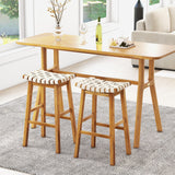 Faux PU Leather Bar Stools Set of 2 with Woven Curved Seat Natural