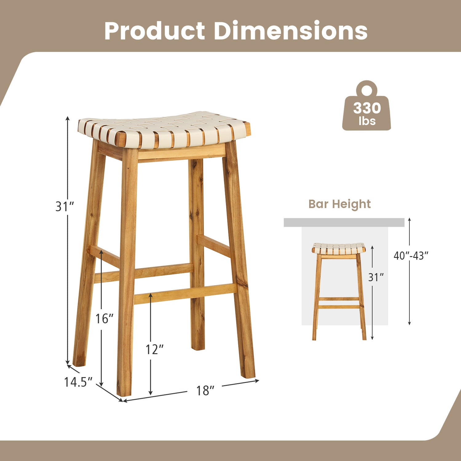 Faux PU Leather Bar Stools Set of 2 with Woven Curved Seat Natural