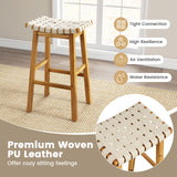 Faux PU Leather Bar Stools Set of 2 with Woven Curved Seat Natural