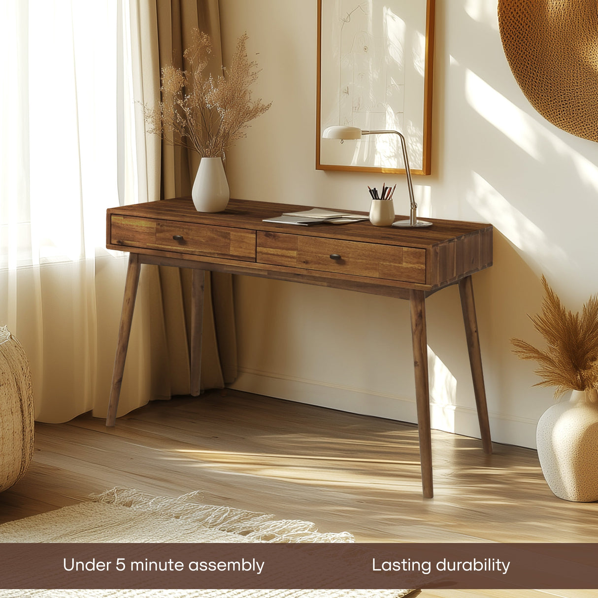 Acacia Lagom 48" Solid Wood Work Desk with Drawers for Functional Home Office