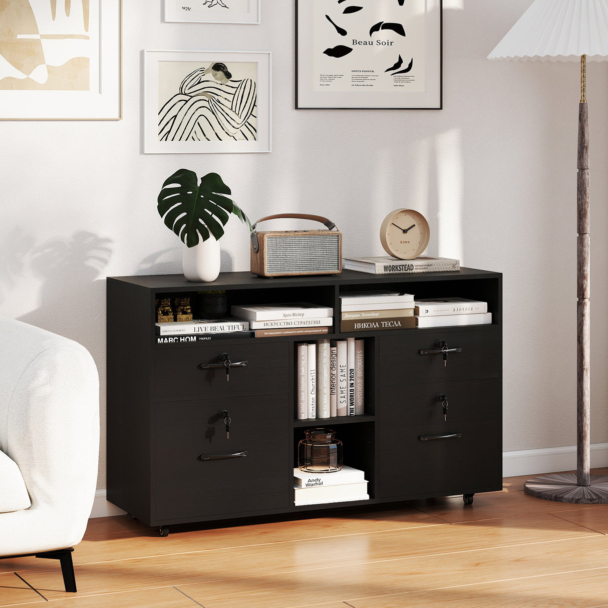 File Cabinet with Lock Mobile Lateral Filing Storage Organizer Modern Rolling Printer Stand